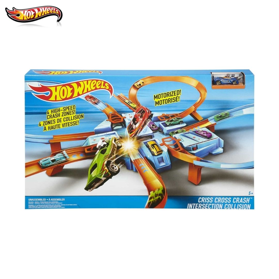 Hot Wheels Criss-Cross Crash Track Set With Motorized Booster DTN42